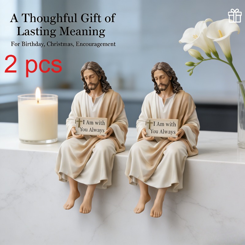 TEMU Jesus Resin Desktop Ornament Set (2pcs Set), Featuring A Statue Of Of Jesus On The Car Dashboard And Home Desk. A Religious Gift With The Slogan