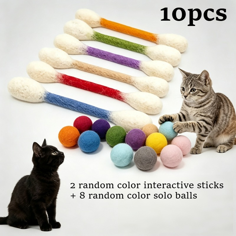 TEMU 10pcs (2pcs Bâtons d'Interaction Chatons et 8pcs Balles de Sécurisation) Jouets pour Chat Couleurs Aléatoires, Adaptés à la en Intérieur, Cordes