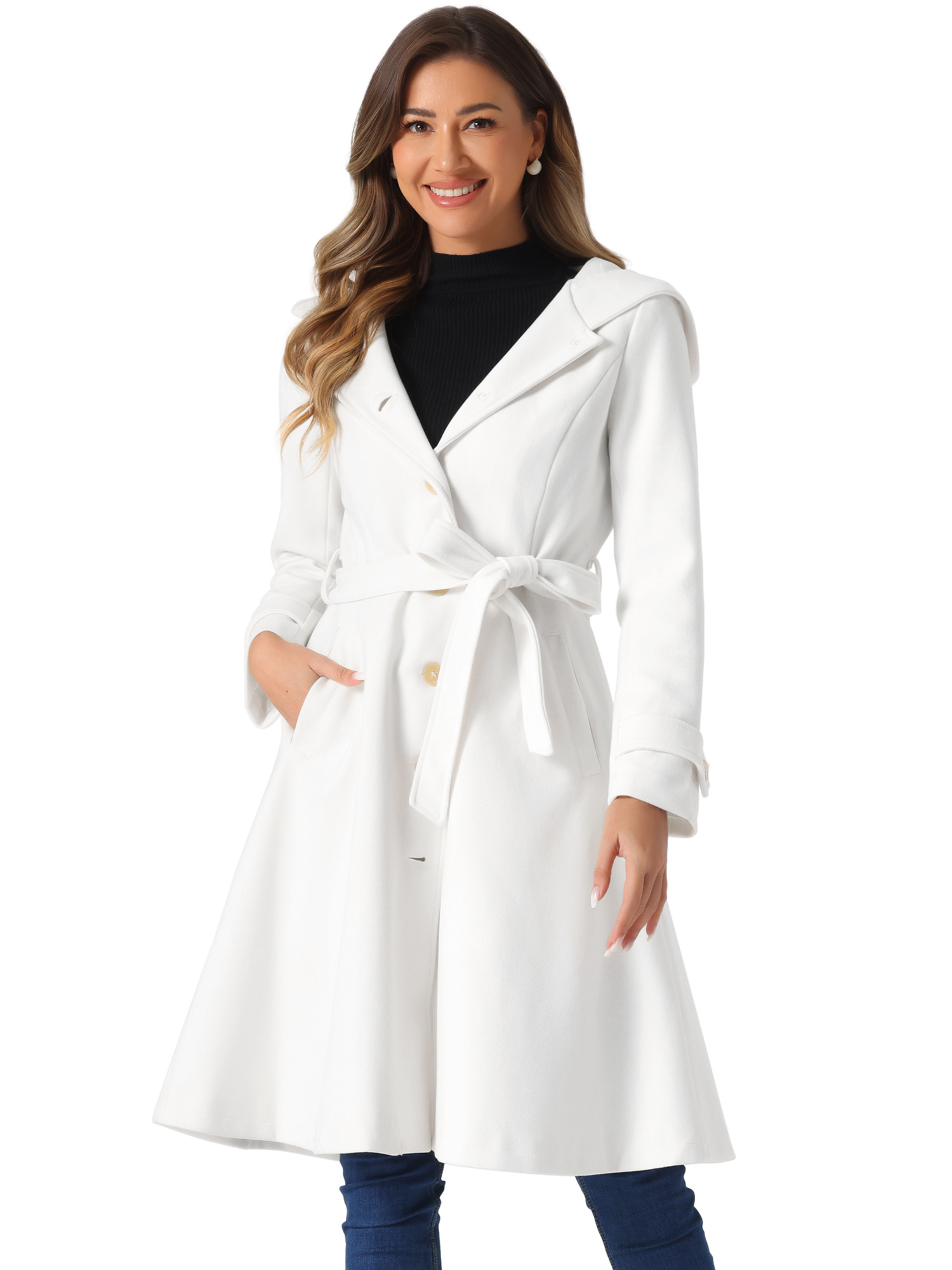 Women's Chic Single-Breasted Winter Coat with Belt and Hood  Machine-Washable A-Line Trench Coat with Pockets for Spring/Fall/Winter,  Cold Weather Ap