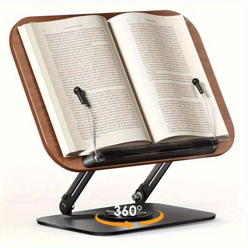 Adjustable Wooden Bookshelf With 360 ° Rotating Base - Foldable, Portable, Lightweight Reading Stand, Suitable For Offices, Kitchens, Schools, Etc Kindle, Tablet Computer - Adjustable Height And Angle, Desk Storage Box [ Foldable Design] Metal Suppo