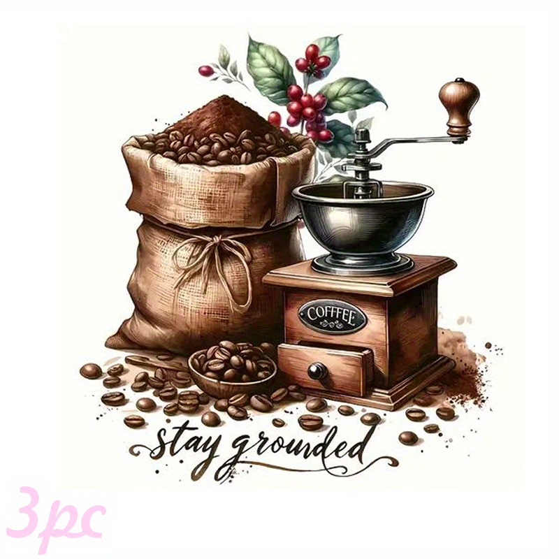 TEMU 3pcs Coffee Bean And Grinder Iron-on Transfer Stickers, Diy Heat Transfer Decals For T-shirts, Pillows, Jeans, Bags, Caps - Durable, Washable