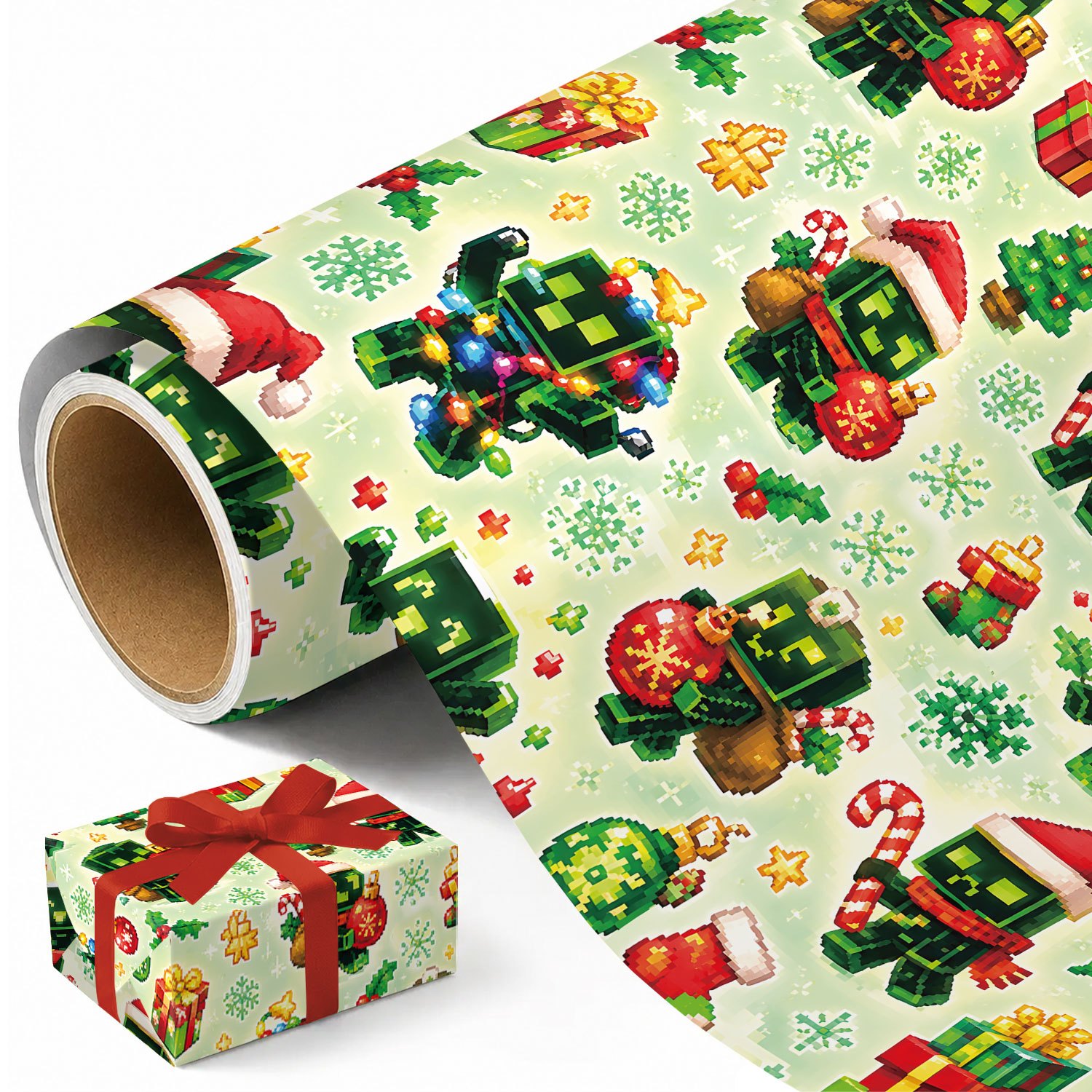 TEMU 1 Rouleau de de Noël Pixel Zombie, avec un Motif de Style Jeu Rétro, Parfait pour de Cadeaux de Fêtes. Inclut des Zombies Pixel, des Bonnets de