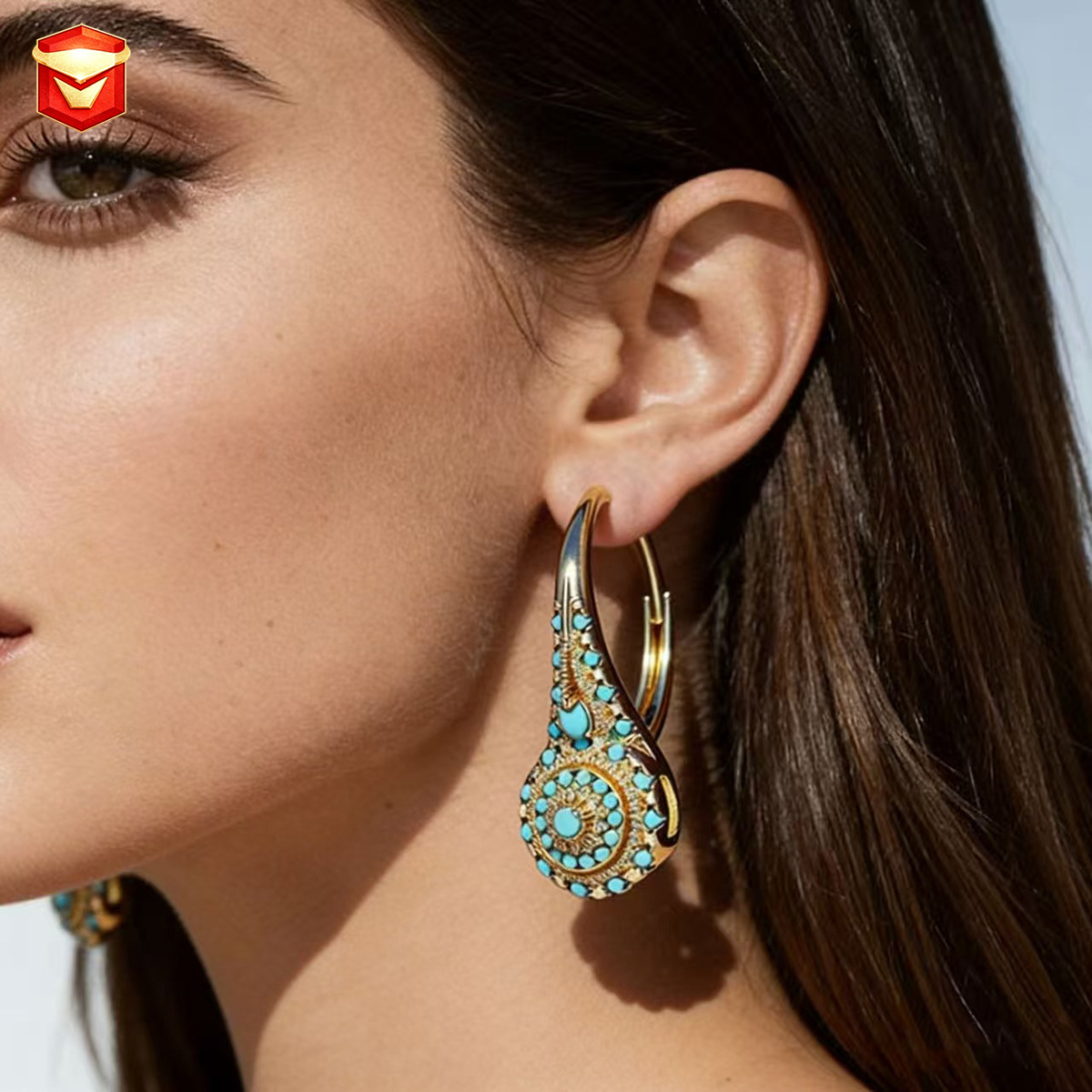TEMU Western Retro Creative Turquoise Golden Irregular Geometric Minimalist Jewelry Pendant Women's Ear Jewelry For Parties And Daily Wear