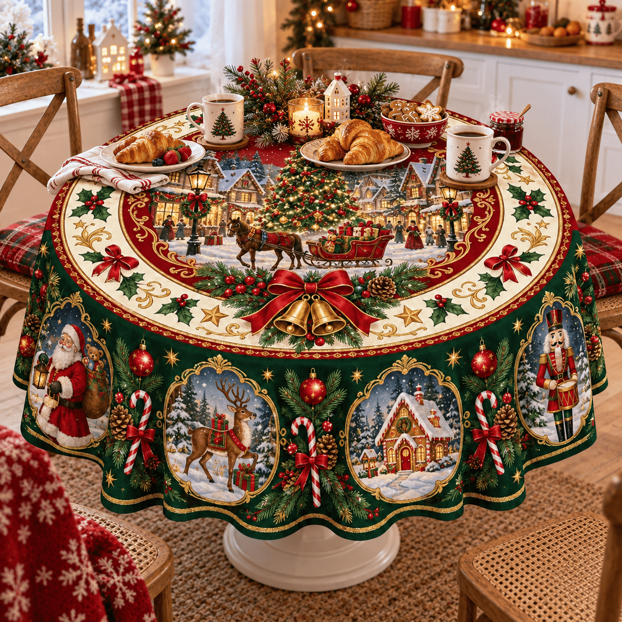 TEMU 1pc Vintage Victorian Christmas Round Tablecloth Suitable For Xmas Cover With Santa Claus, Reindeer, Nutcracker & Gingerbread House - Red Table