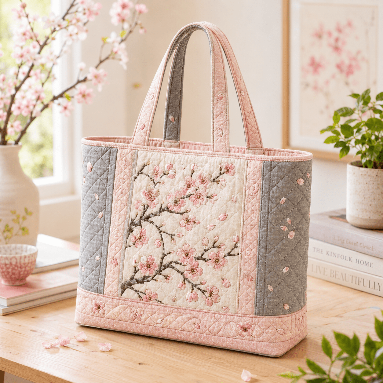 Image of 17 X 15 Inch Quilted Tote Bag For Women, Spring Cherry Pale Pink Gray Branch Falling Petal Floral Embroidery Visual, Soft Handheld Bag, Large Capacity School Work Bag For Daily Use Weekend Gym