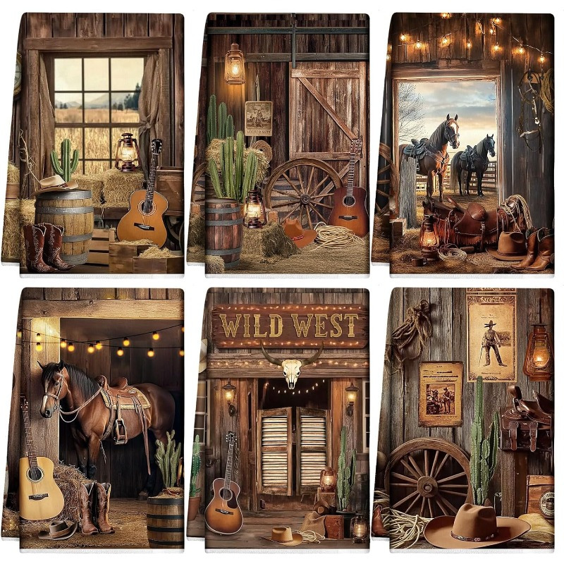 

6-pack Western Cowboy Scene Kitchen Towels, 18x26 Inches, Super Polyester, , Machine Washable, Decorative Rustic Tea Towels For Home, Bathroom, And Housewarming Gift