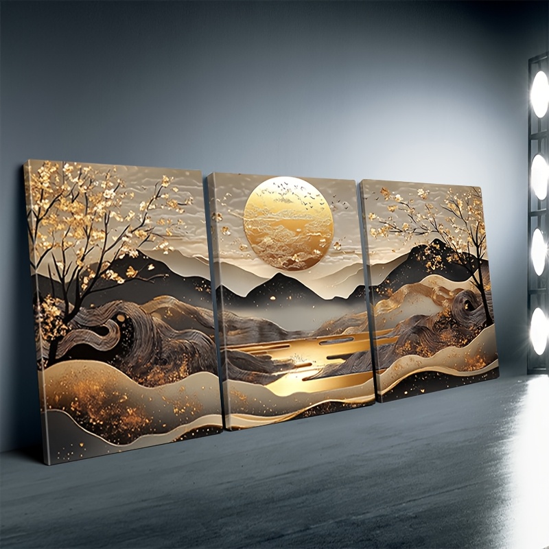 TEMU Plat 2D, 3 pièces Toile Murale Encadrée - Peintures Paysage de Montagne et Soleil Doré, Minimaliste Adapté à la Décoration de Maison, de Bureau,