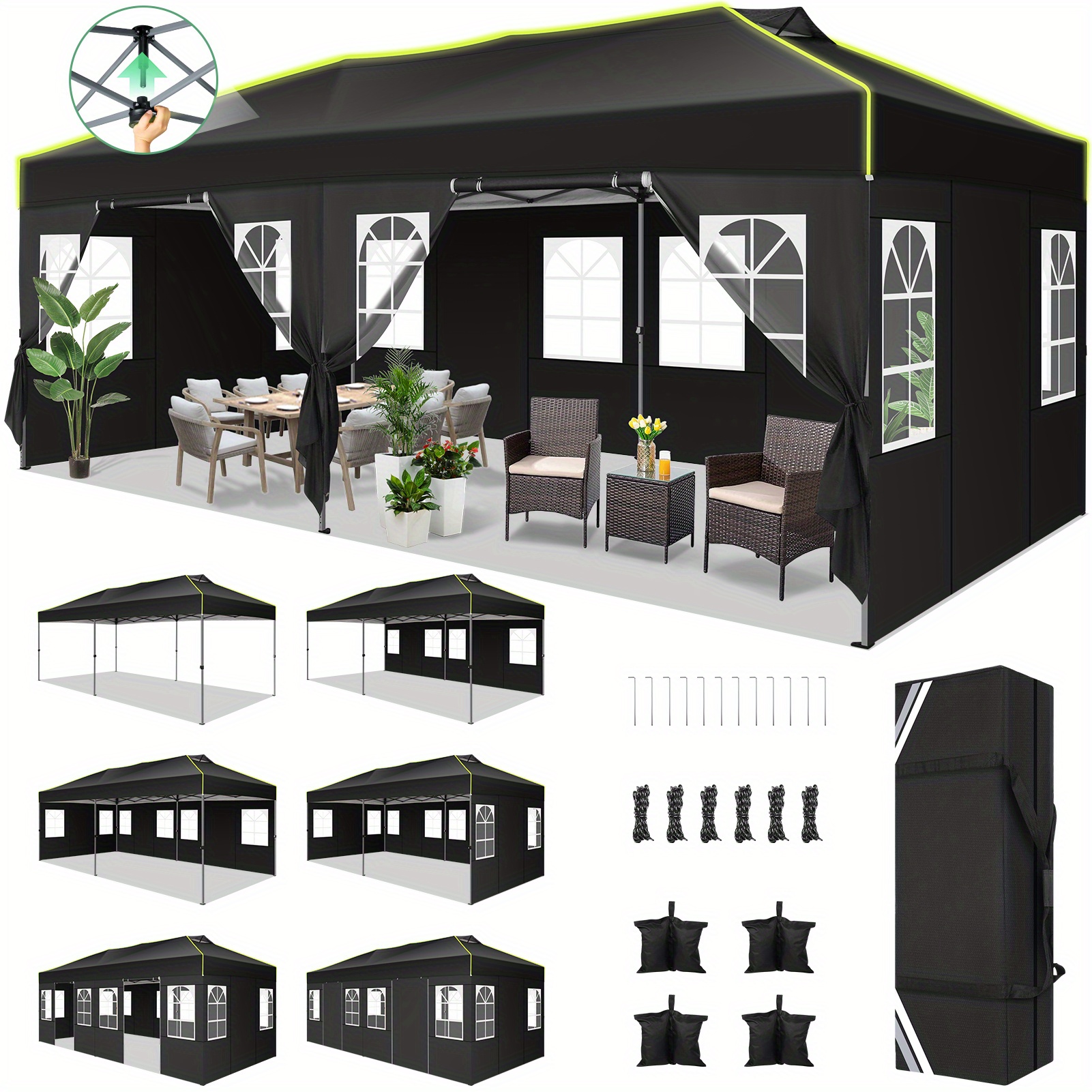 Image of 3x6m Courtyard Pop-up Canopy With Carrying Bag & Sandbags, Self-contained Vents Design, Canopy Tent With 6 Removable , Party Tent With Fluorescent Strips, Canopy For Courtyard, Garden, Patio