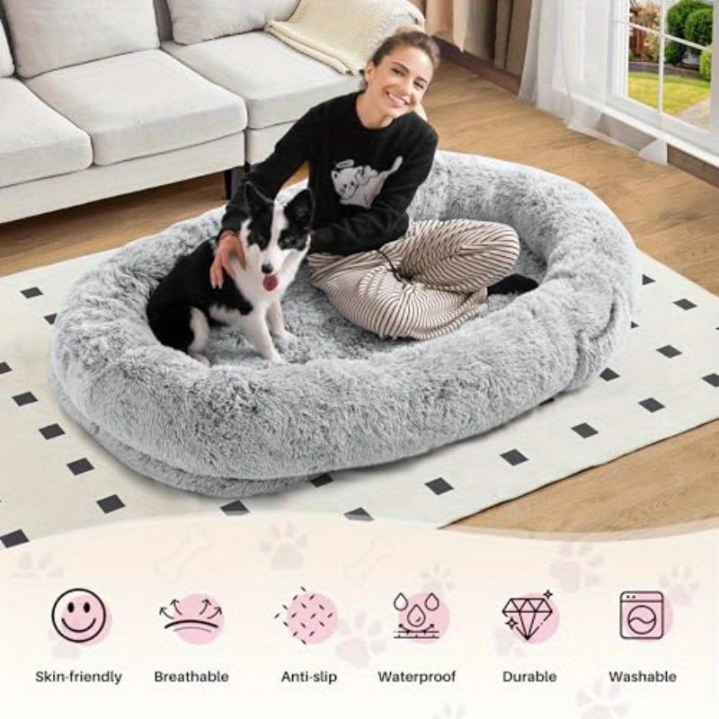 extra large human dog bed - 72x48x10 inch pet bed with blanket side pocket, high quality & washable   fur fabric, no assembly needed, portable indoor/outdoor dog bed for large breeds,   design for adults & pets, durable pet bed for home, travel, or crate - ideal for golden retrievers, labradors, german shepherds, pet bed for dogs, indoor pet furniture,   furniture, soft texture,   material, pet lovers,   furniture, stylish pet furniture,   Product details 6