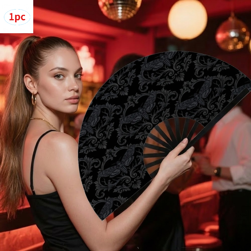 TEMU 1pc Gothic Damask Portable Folding Fan For Travel Silhouette A Festival Fan Suitable For Halloween, Raves, Clubs, Concerts, Themed Parties,