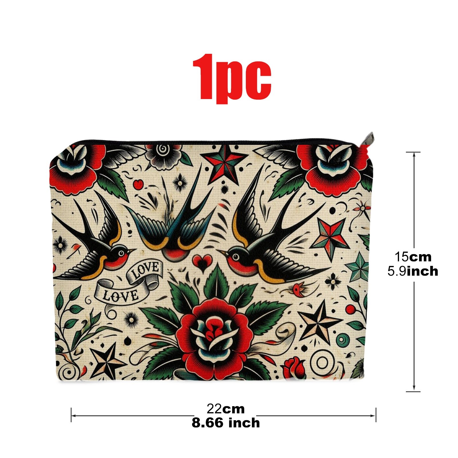 TEMU Classic Romantic Old School Tattoo Print Cosmetic Bag, 5.9*8.66inch Polyester Travel Makeup Pouch, Portable Toiletry Storage Organizer For Daily