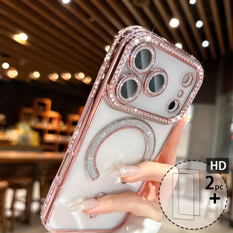 Phone Case: 3pcs [case + 2 Screen Protectors] Side Diamond Electroplated Case, Wireless Charging, Lens Film, For Iphone 17/16/15/14/13/12 Pro Max/plus/pro/17 Air