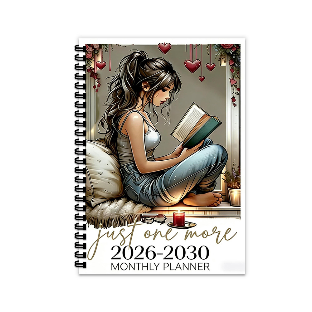 TEMU 1pc 2026-2030 5-year Monthly Planner, Spiral Notebook Cozy Girl Reading Themed Agenda, Warm Organizer With Monthly Layout & Notes Section, Ideal