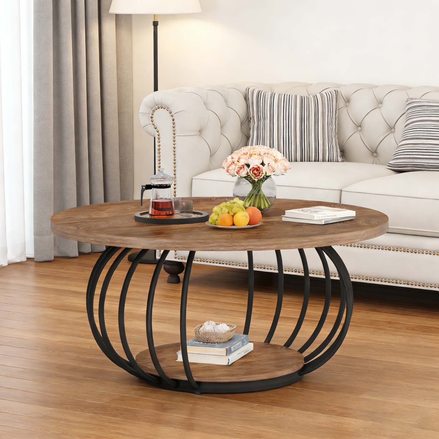 Round Coffee Table with Storage, 2 Tier Industrial Center Table with Wooden Shelf and Metal Frame, 100 X 100 X 46cm Circle Cocktail Table for Living Room, Rustic Brown and Black(1pc)