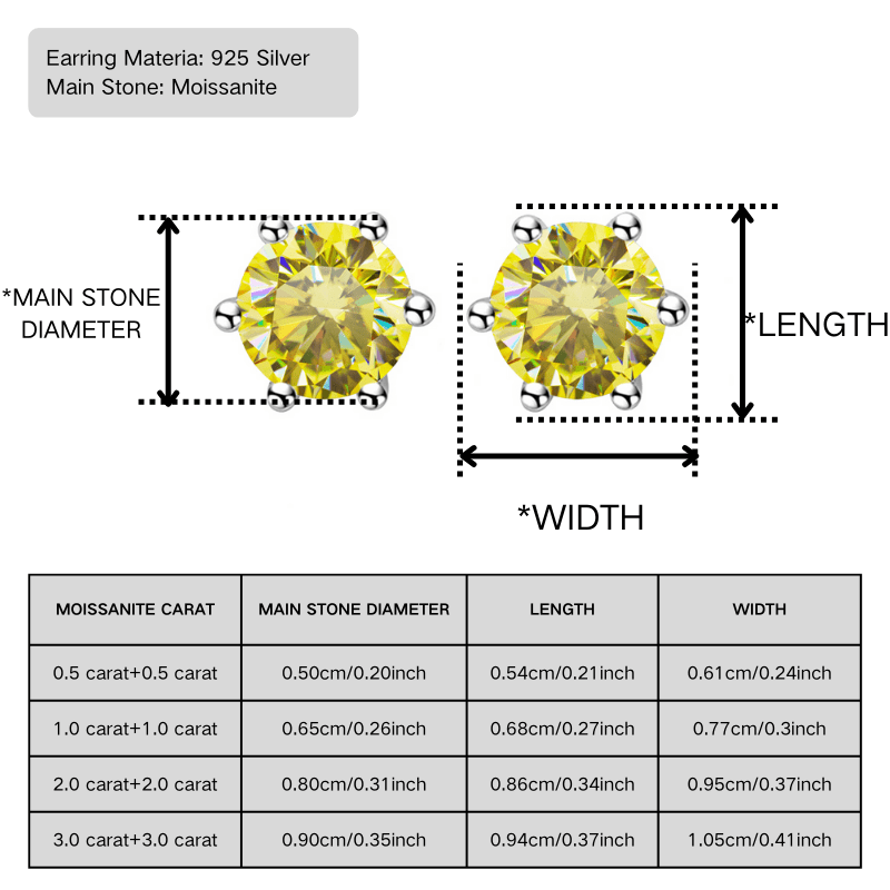 Women's 0.5/1/2/3 Carat Yellow Round Moissanite 925 Silver Stud Earrings