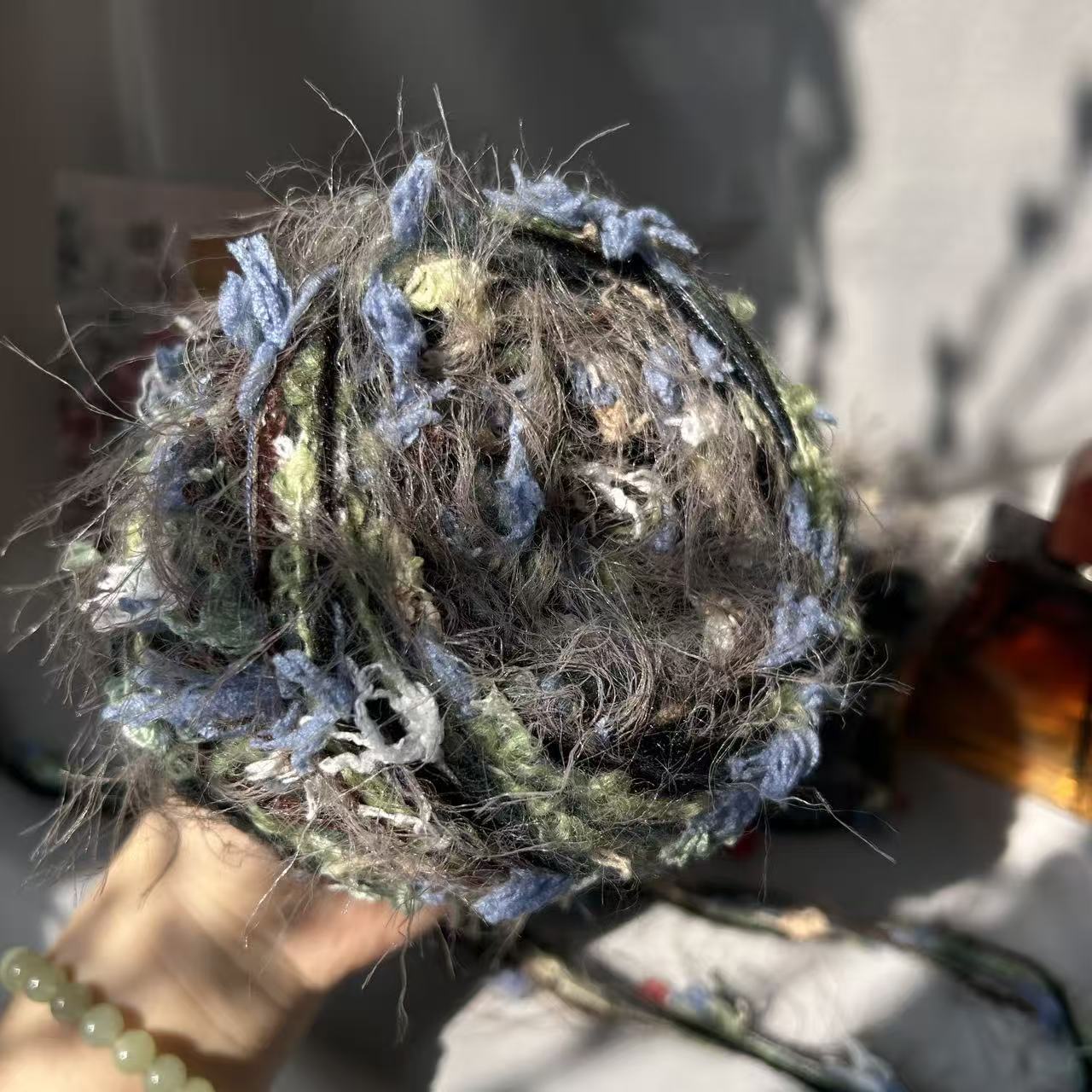 TEMU 100g/piece Oil Painting Style Forest-themed Hand-mixed Yarn In Blue And Brown Color Contrast, Featuring Yarn For Crocheting Scarves, Hats, Bags,