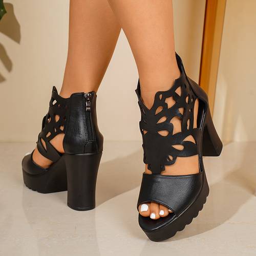 Artikelbild damen punk-sandalen mit klobigem absatz plateau, -stiefeletten mit ultrahohem absatz, neue sommermode damenschuhe im koreanischen stil, einfarbige sandalen mit ausschnitt reißverschluss hinten, damenschuhe
