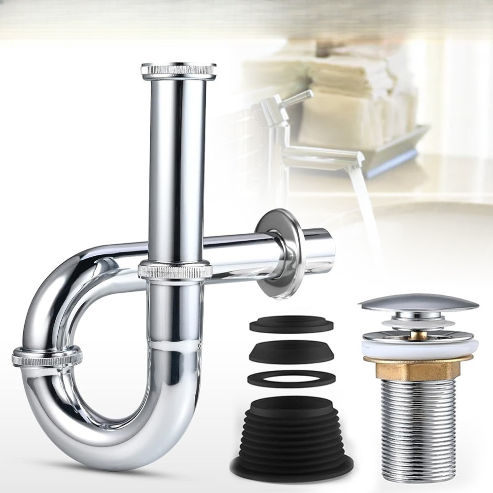 Image of Chrome-plated Stainless Steel Sink Drain Pipe - P-shaped Universal Design For , Durable Structure Prevents Leakage, Suitable For Kitchen/bathroom Sinks
