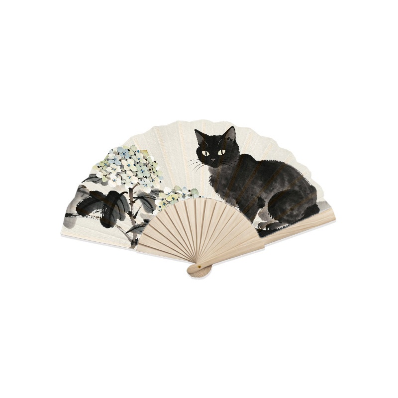 TEMU Éventail pliant décoratif à la peinture à l'encre chinoise traditionnelle, motif hortensia et avec manche en bois naturel, 1 pièce, ornement