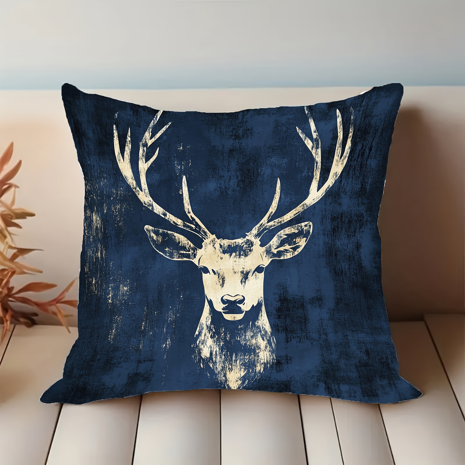 TEMU 1pc Of Stylish Navy Blue Abstract Art Pillow Cover Featuring A Deer Head, Made Of Soft Short Plush, With A Zipper Closure, Machine Washable,