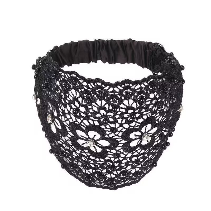Image of Internet Celebrity Same Style Wide Lace Headband, Hollow Out Beaded Breathable Wrapped Turban, Broken Hair & White Hair Covering Versatile Outdoor Hair Accessory, Fashion Hoop Headwear