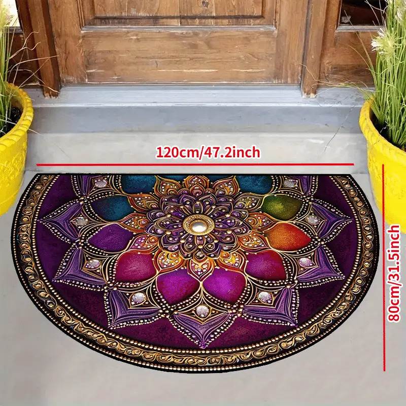 TEMU 1pc High-quality, Comfortable And Lightweight Semi-circular Floor Mat- Pinkish-purple Mandala Pattern Door Mat, Golden/ Green- Washable Indoor
