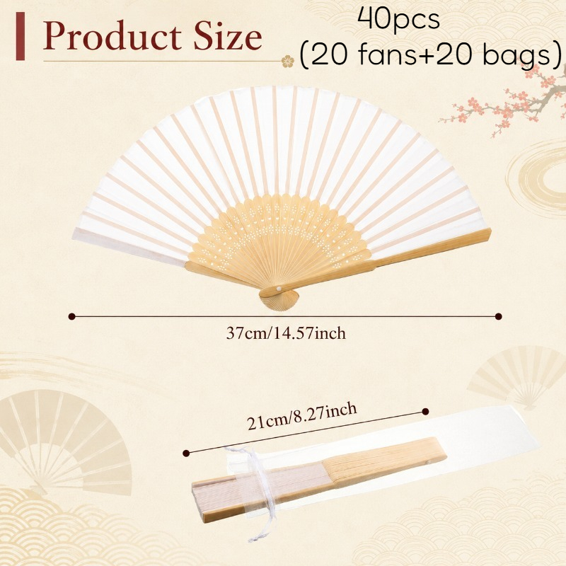 TEMU 40pcs (20 Fans And 20 Bags) White Folding Handheld Fan Set With Storage Pouches - Classic Bamboo-handled Fabric Fans With Elegant Organza Carry