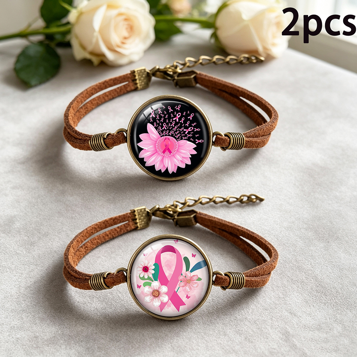 TEMU 1 Paire de Bracelets en Corde de Velours, Imprimé de Sensibilisation au du Sein et Pâquerettes, Accessoires Souvenirs d'Intérêt Public