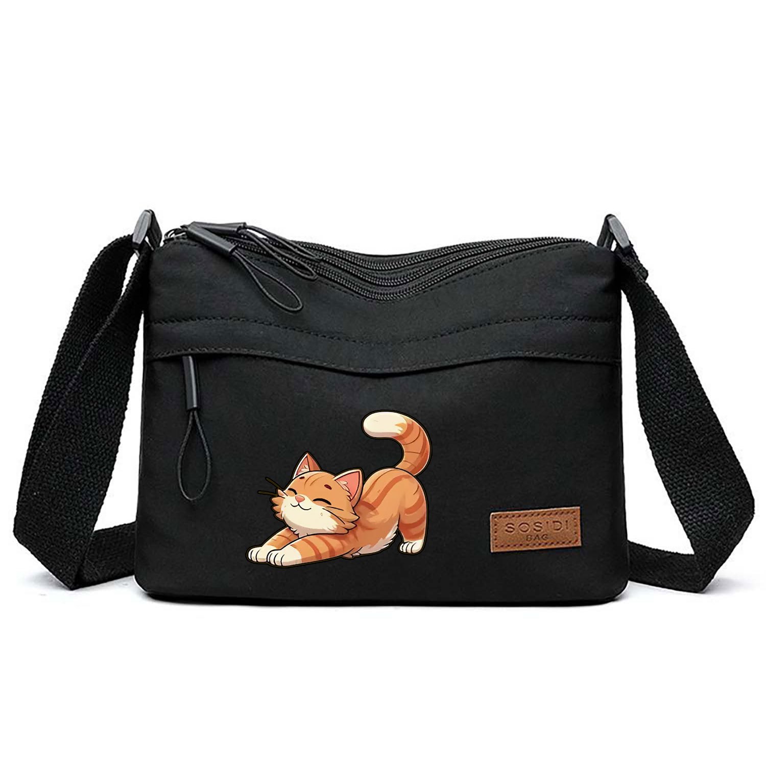 TEMU Large-capacity Cat-themed Crossbody Bag With Multi-zipper Compartments - Stylish Stretching Kitten Design, Shoulder Purse Suitable For Daily