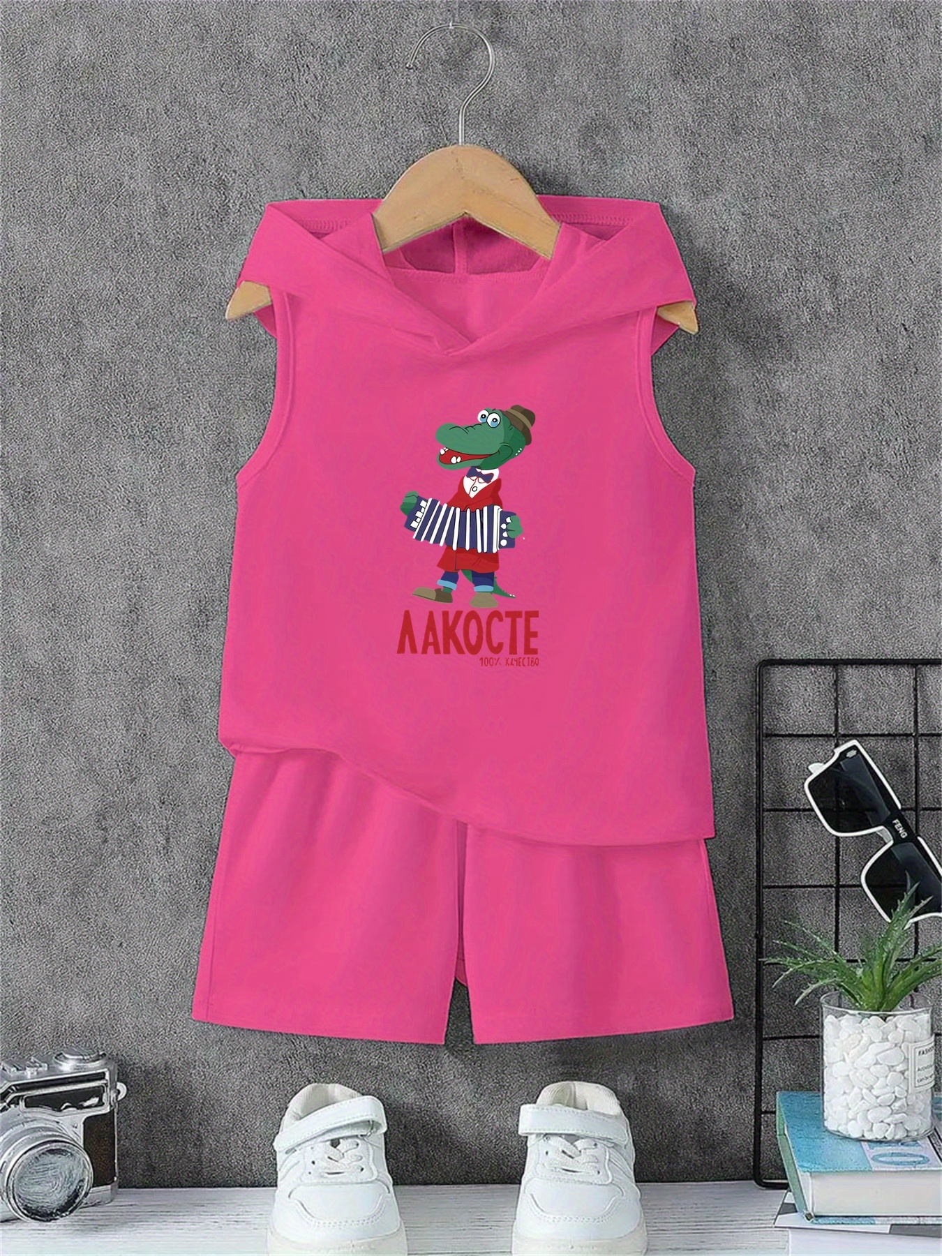 kids' pink crocodile graphic sleeveless hoodie shorts set Temu Oman