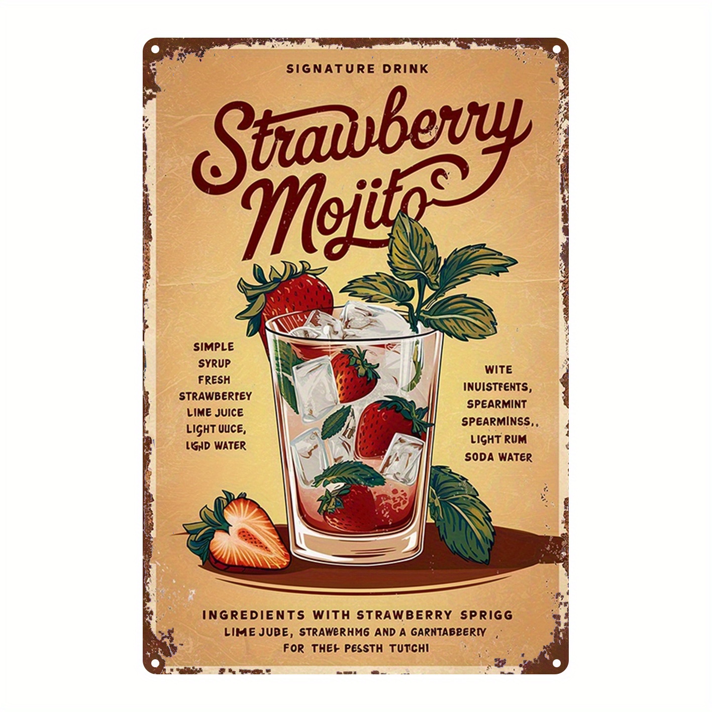 TEMU 2d Flat, 1pc, Strawberry Cocktail Vintage Wooden Poster Classic Wall Art, Durable Wooden Decor For Home, Kitchen, Bar, Garden, And Farmhouse,