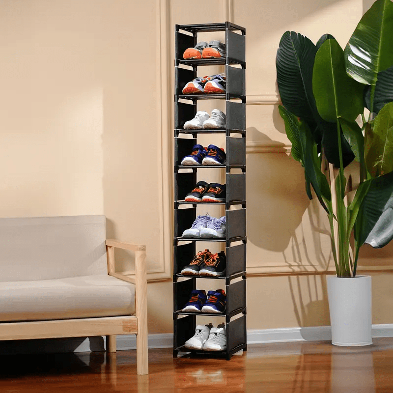 TEMU 10- Tier Sturdy Metal Shoe Rack, Vertical Narrow Tall Organizer For Entryway, Closet, And Front Door, Space- Saving Stackable Shelf For 10 Pairs