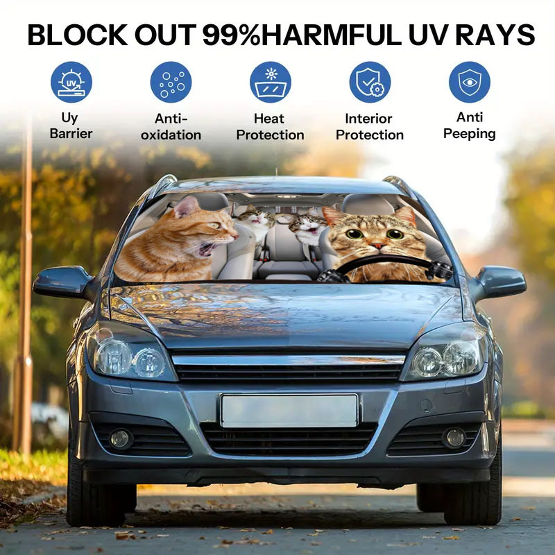 Image of Family Road Trip Printed Car Sunshade, Car Sun Visor Windshield Sunshade, , Suitable For Car Models, With Heat Insulation And Privacy Protection, Keeping Cool, Foldable For