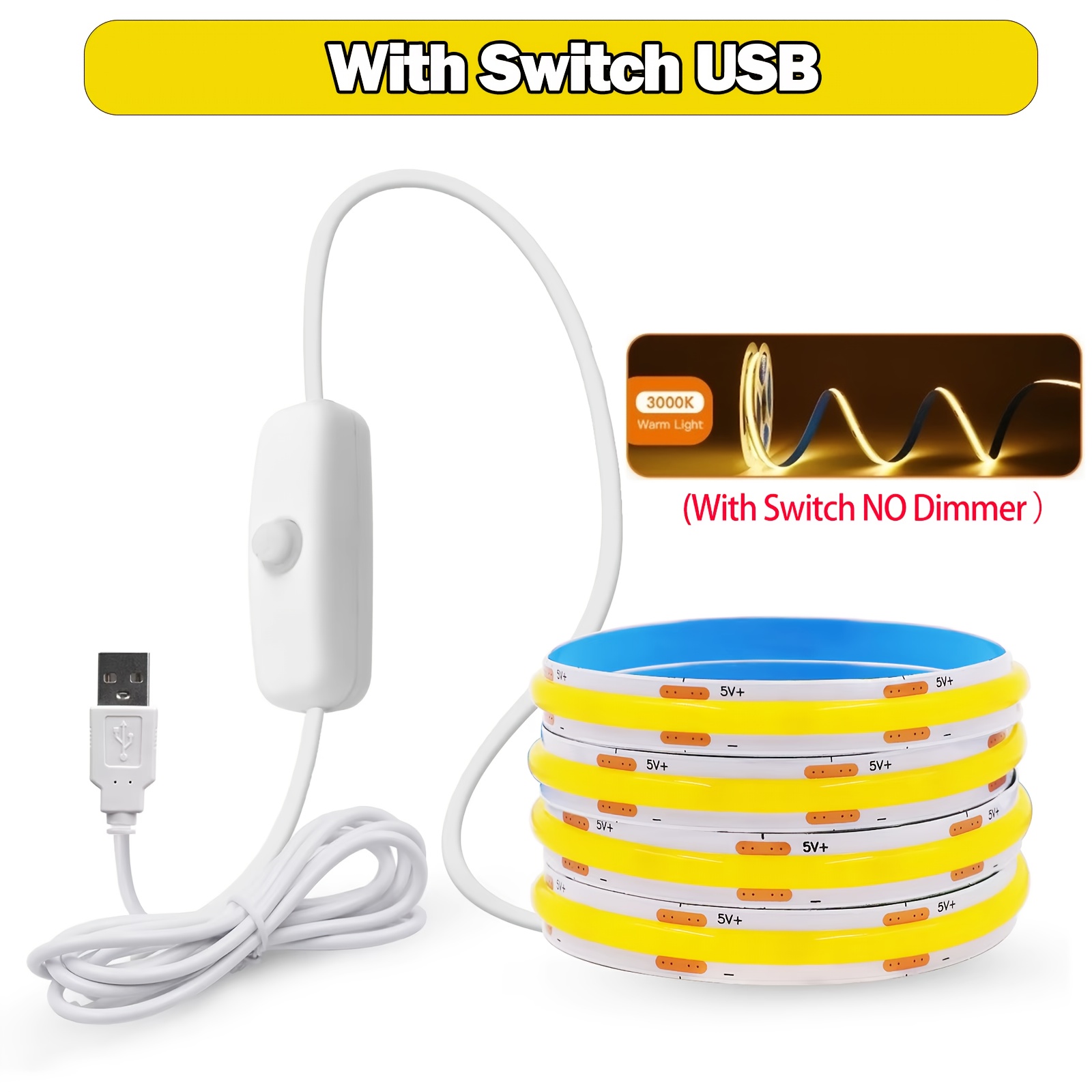 TEMU Smart Cob Led Strip Lights Usb Powered No-drill Under Cabinet Lighting 3 Color Dimmable High Density Flexible Light Bar For Closet Desk Mirror