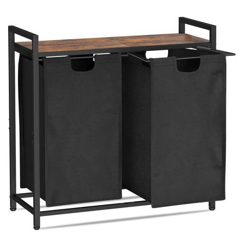 Image of Pull-out Double Laundry Basket With Wooden Shelf, 2 X 40l Laundry Hamper With Fabric Bags, Metal Frame Storage Rack For Bathroom, Bedroom & Laundry Room, Laundry Hampers