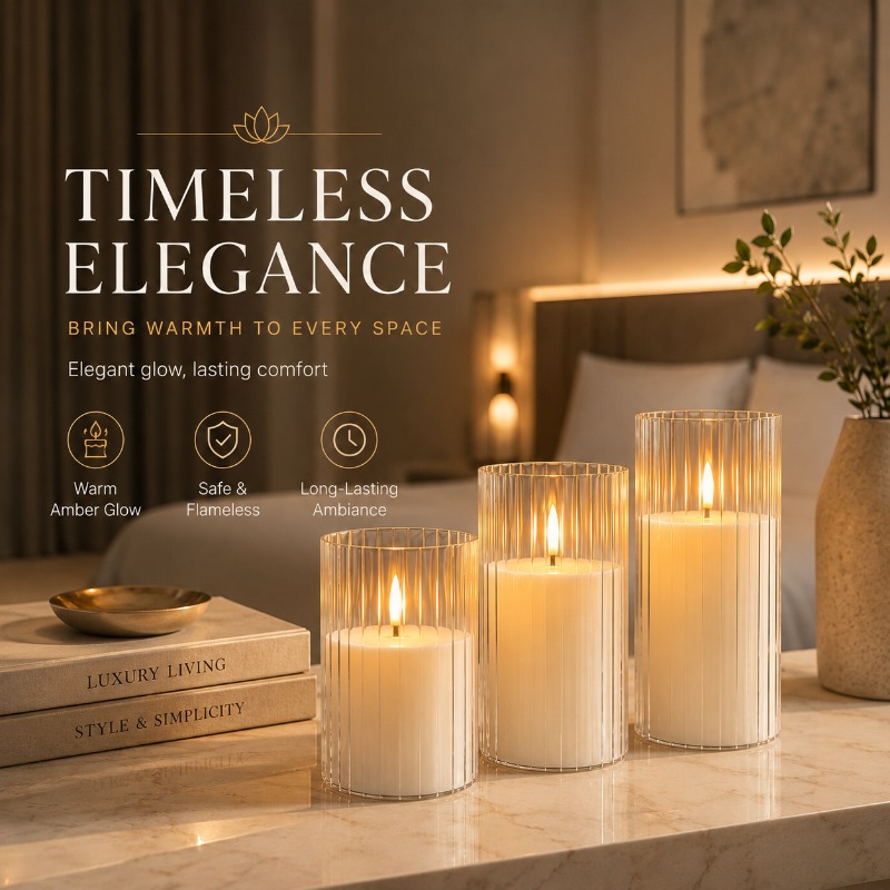 TEMU Ensemble de 3 bougies LED - Flamme vacillante réaliste, alimentées par piles, à rayures verticales, résistantes à la chaleur, parfaites pour la