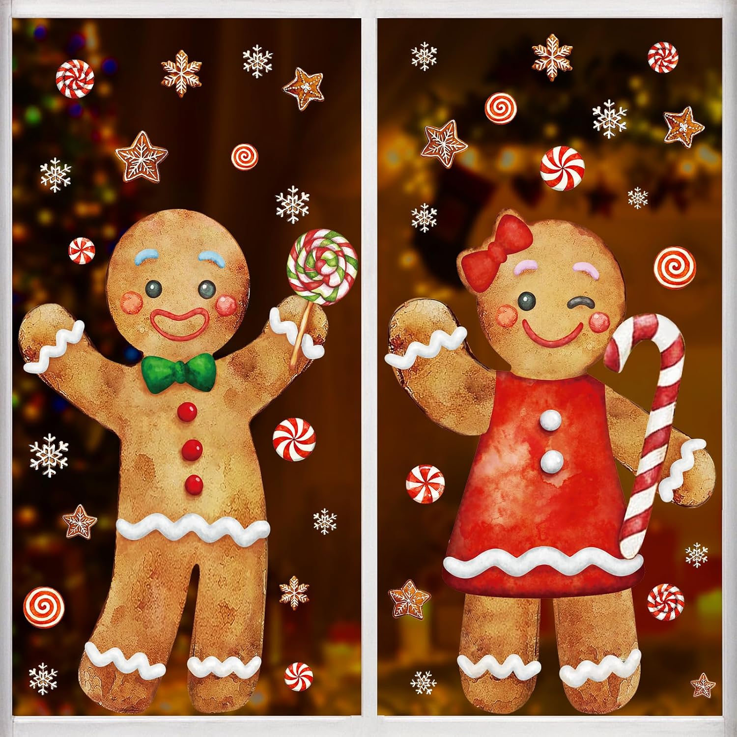 TEMU Christmas Window Clings Decorations: 2 Sheets Extra Large Gingerbread Man Couple Window Stickers, Gingerbread Peppermint Candy Canes Snowflake