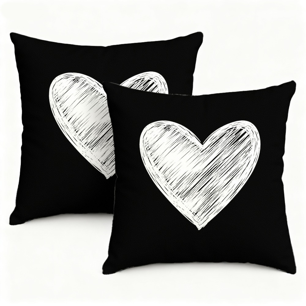 TEMU 2pcs, Impression 2D Simple Face, Taie d'oreiller en avec cœur et dessinées à et blanc, Style premium pour l'extérieur, Confort froid,
