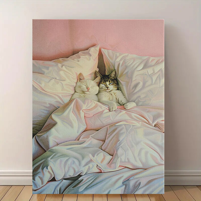 E-shop 1 Stück Ungerahmter 30,48x40,64cm Leinwanddruck - Romantisches Katzenpaar in Pastellrosa Schlafzimmerszene, Launisches Geschenk für