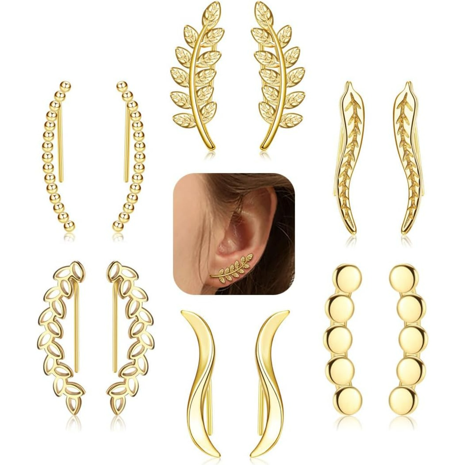 Image of Women 6 Pairs Ear Cuffs Hoop Climber Earrings Easy Minimalist Ear Crawler Leaf Feather Linear Wave Ear Pin Pierced Stud Earrings