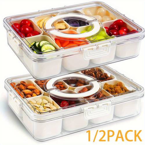 1 2 pack divided tray with lid and handle 8 compartment freezer plastic snack box transparent portable snack box with suitable for fruits vegetables salads nuts ideal for travel camping picnics lunch box organization