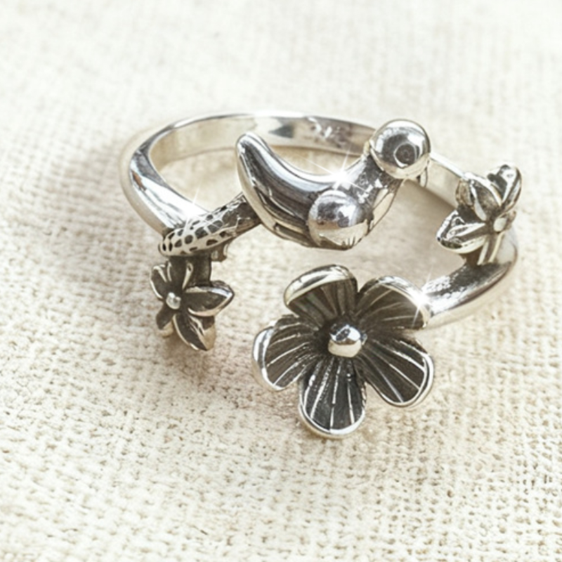 3D Bird Flower Ring, Retro Individual Design for Women