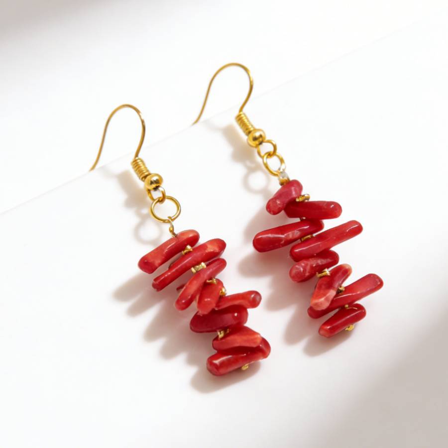 TEMU Pendientes largos colgantes de coral natural, nuevos pendientes colgantes de estilo vintage chino, accesorios de oreja de con bloques de color,