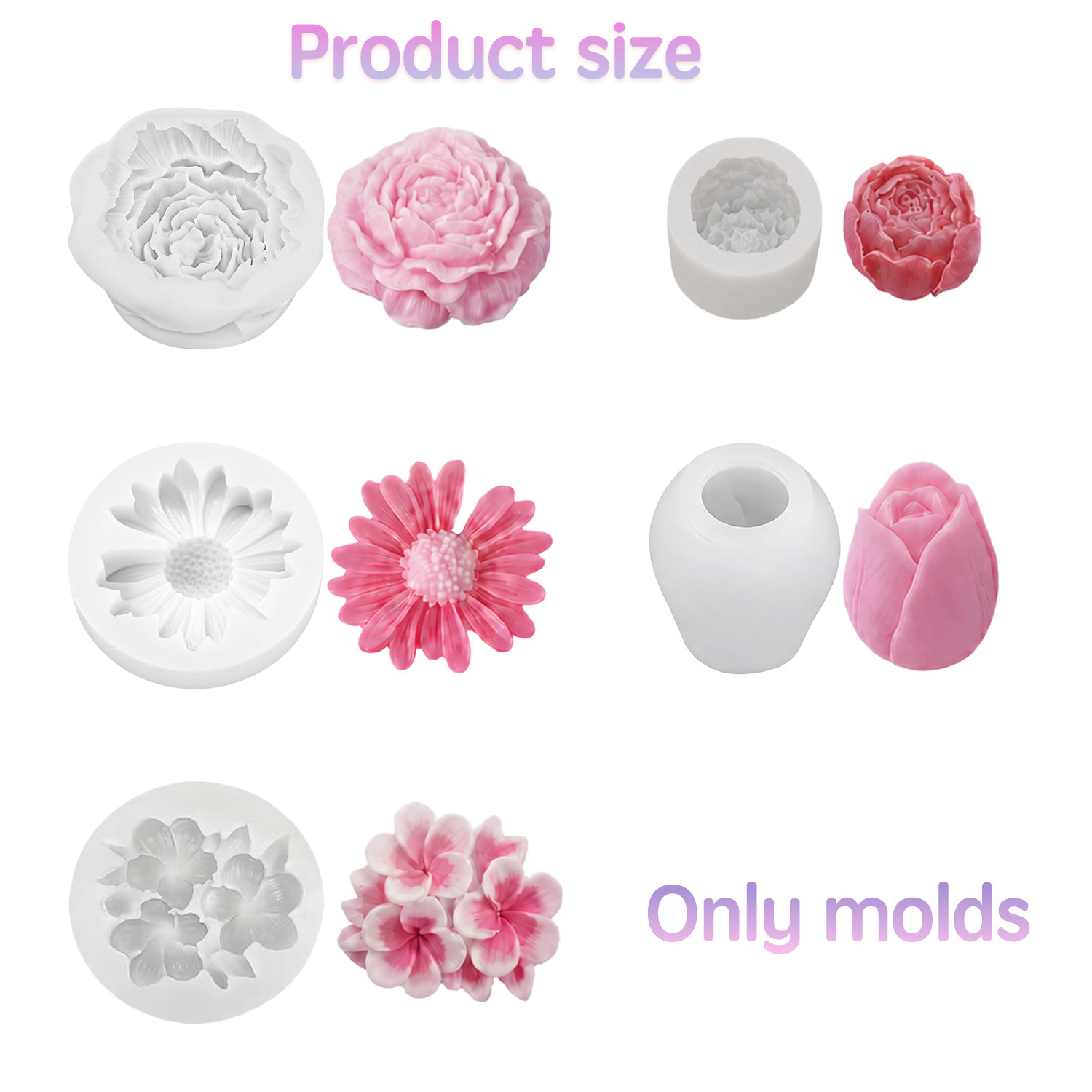 TEMU 5pcs Flower Mold Silicone Molds Suitable For Candles, Soaps & Resin Crafts - 3d Diy Flower Shaping With Daisy, Peony, Tulip, Rose, Jasmine Molds