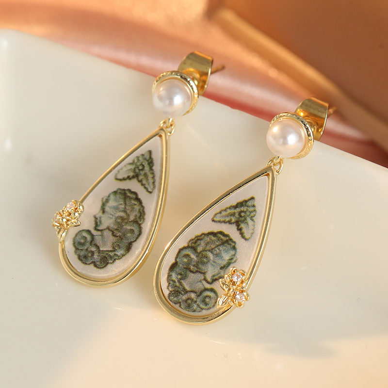 Vintage Inlaid Synthetic White Cubic Zirconia Dangle Earrings