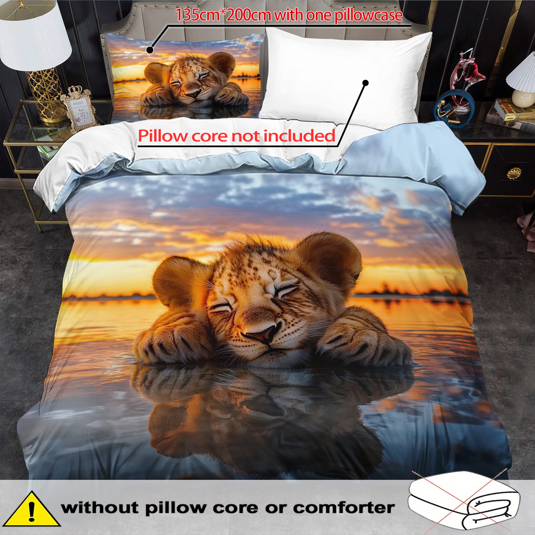 E-shop 2/3-teiliges Bettbezug-Set, Niedliches Löwen-Print Daunenbettbezug-Set, King Bettwäsche, Polyester Maschinenwaschbar, Steppdeko, Schlafzimmer
