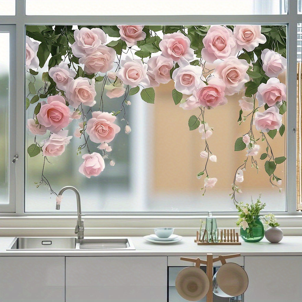 TEMU Thick Pink Rose Decals - Electrostatic Adhesive Glass Stickers For Window Decor, Accents In Living Rooms, Bedrooms & Kitchens, Easy & Stick, No