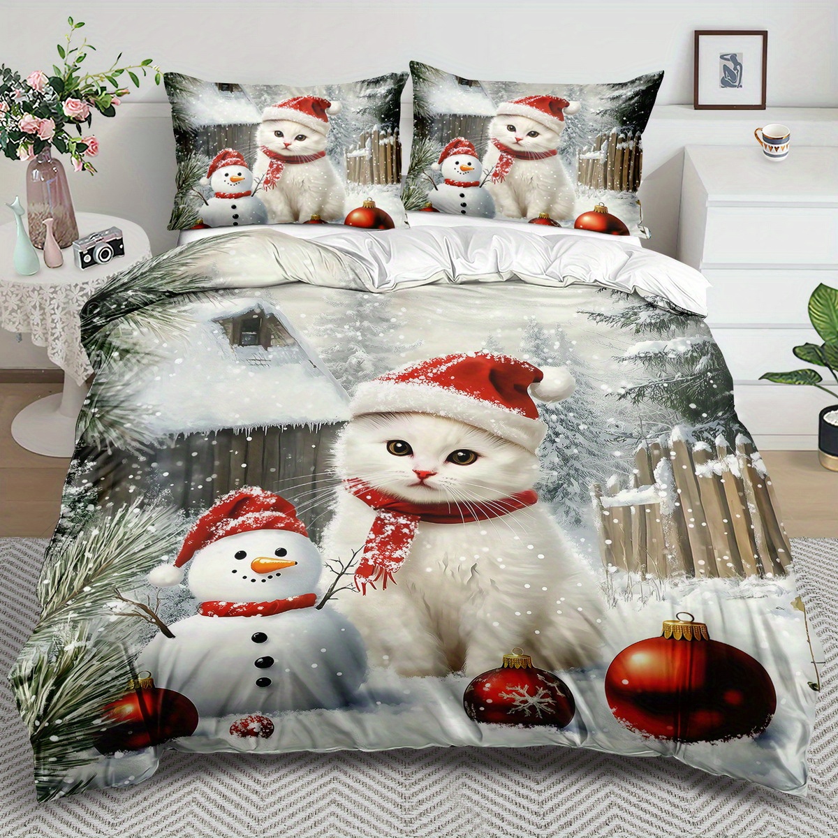 

Cat & Snowman Duvet , 2/3pcs, & , Christmas Set, , 100% , , All-, Includes 1 Duvet Cover + 1 Pillowcases (no ), , , No Embellishments, , 90gsm, For Bedroom Or