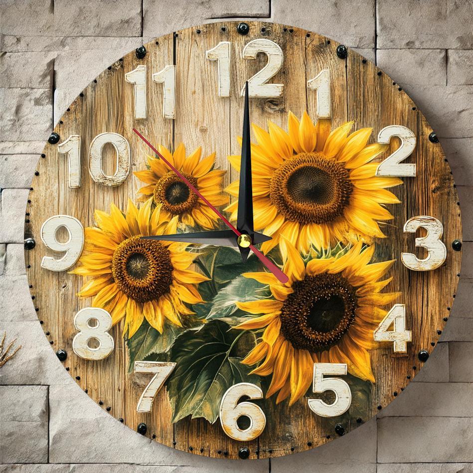 TEMU Sunflower Theme Silent , Round Farmhouse Decor For Kitchen, Bedroom, Office - Easy To Read, No Ticking, No , (excluding Battery), 11.6*11.6 Inches