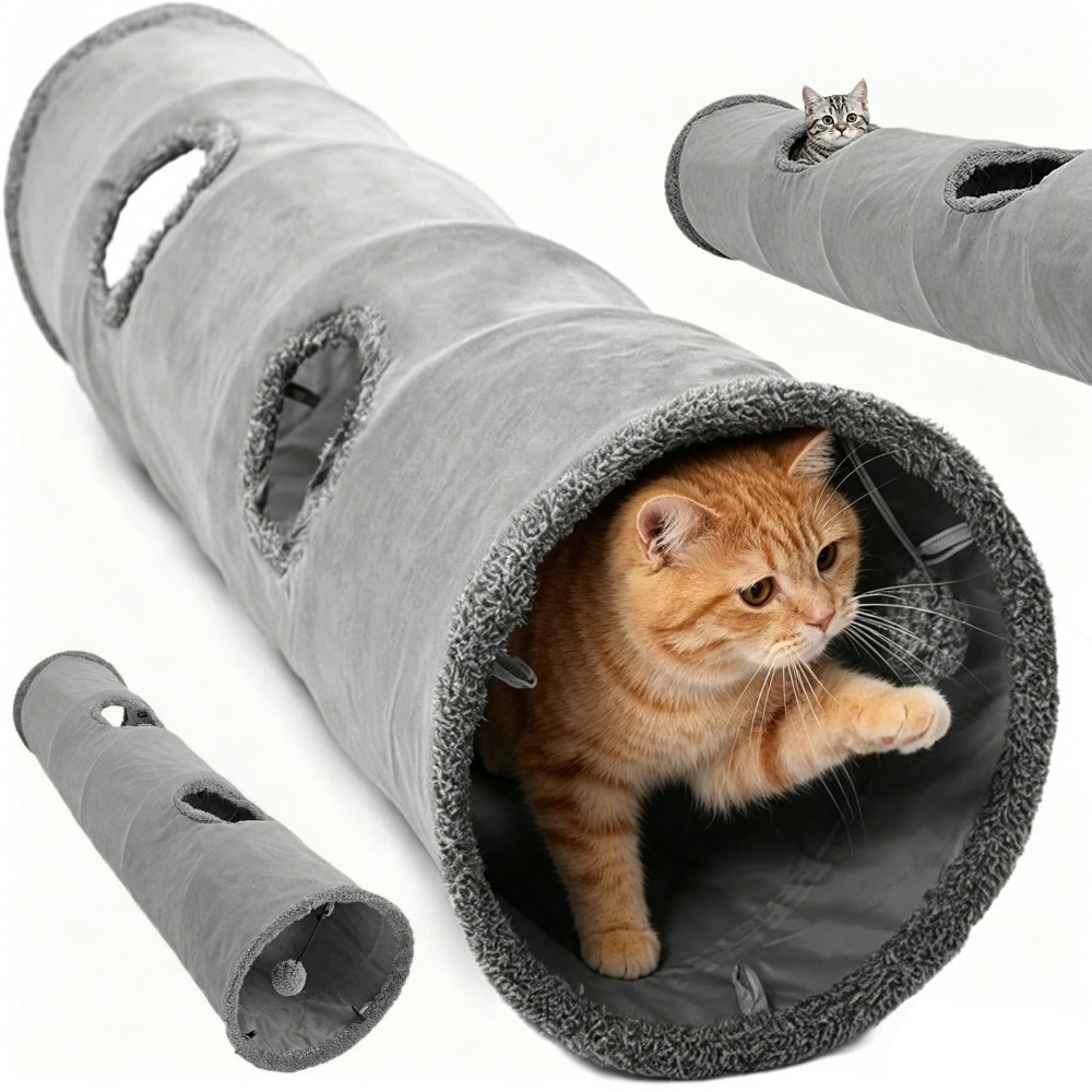 Image of Large Straight Tunnel, 130cm Length 30cm Diameter With Double Side , Equipped With Hanging Ball And Reinforced , Foldable Portable Design Suitable For Cats, Rabbits And Small Dogs